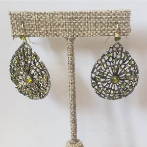 1928 French Hook Teardrop Filigree Earrings Web Design Green & Silver